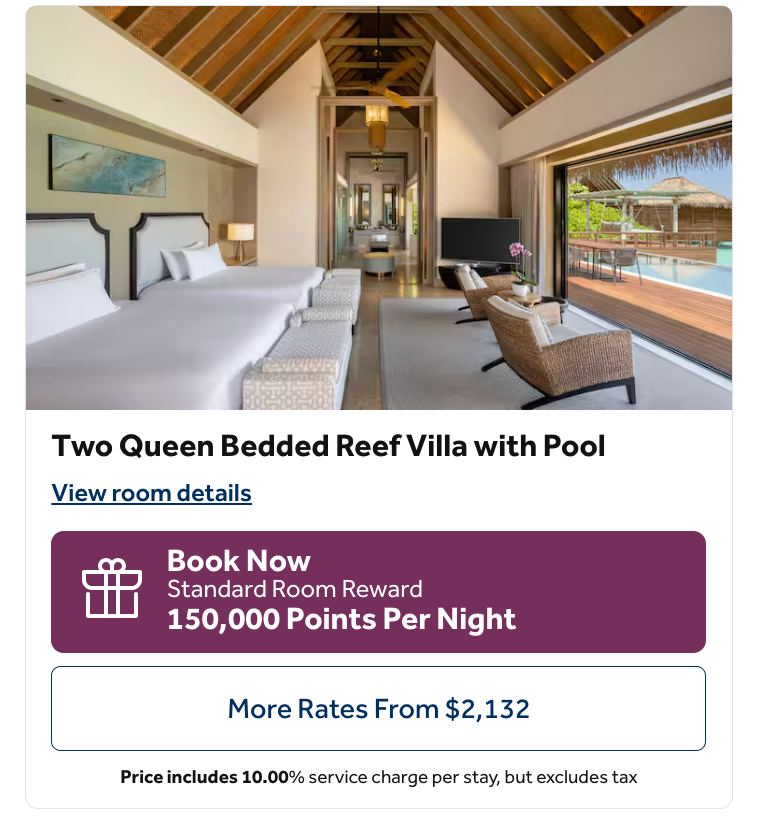 Hilton Waldorf Astoria Maldives price in points and cash